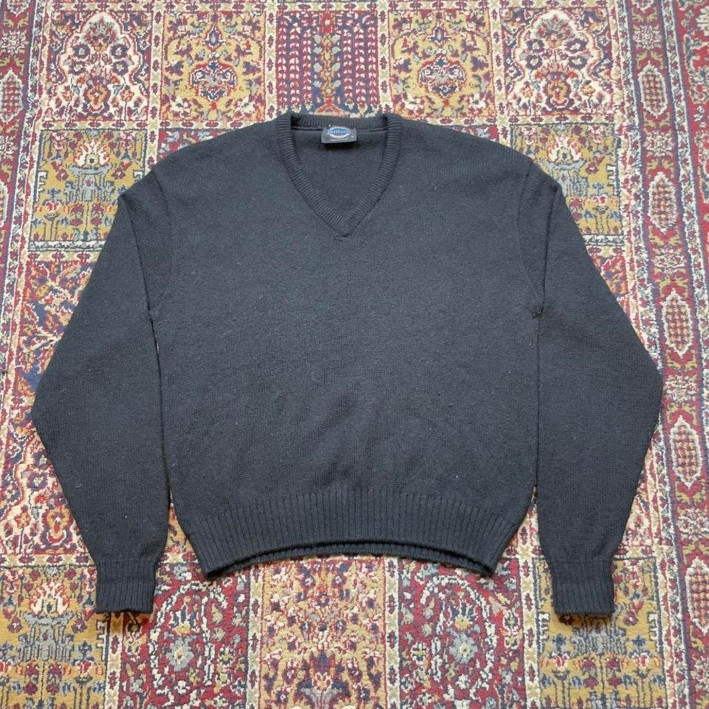 VTG 70s 80s Jantzen heavyweight knit wool essential black v neck sweater XL USA‎